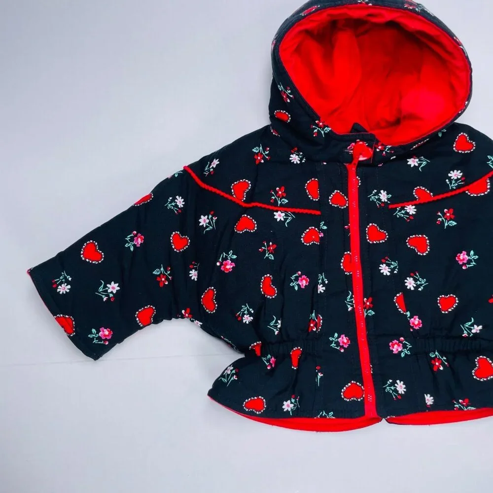 Vintage Baby Girls Black + Red Heart + Floral Print Winter Puffer Coat 12m